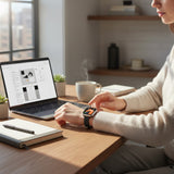 Bakers Bands Limited black stainless steel Milanese loop band on a silver Apple Watch with a horse graphic on the screen.