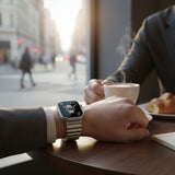 Bakers Bands Limited Ocean Style stainless steel watch band in titanium colour for Apple Watch, with adjustable links and secure clasp.