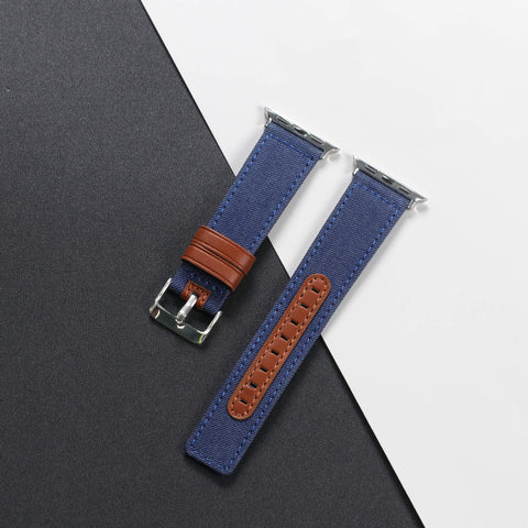 Canvas & Leather Hybrid Band (For Apple Watch) Blue