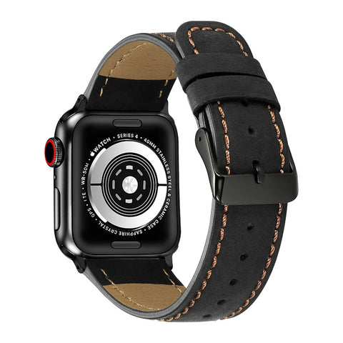 Genuine Leather Band Holy Cow Range (For Apple Watch) Black With Tan Stitching